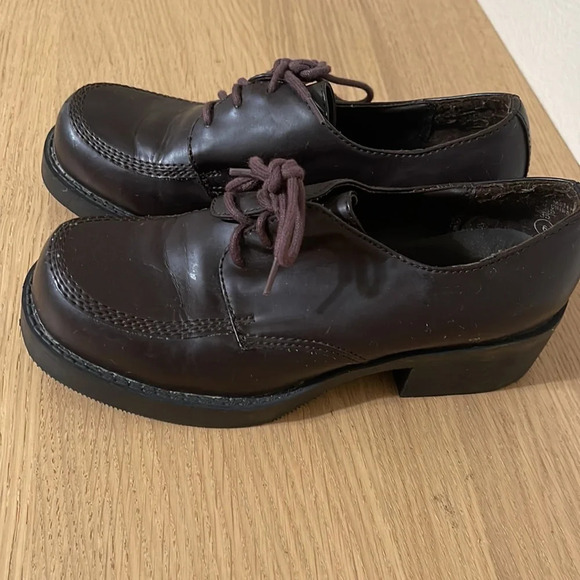Vintage 90s Y2K Lower East Side Brown Faux Leather Chunky Loafer Lace Up Shoes 6 - Picture 2 of 16